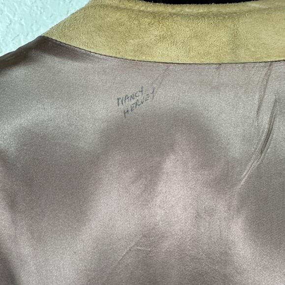 Vintage 60s 70s Camel Suede Coat Big Button Minimalist Retro Boho M L - Picture 3 of 10